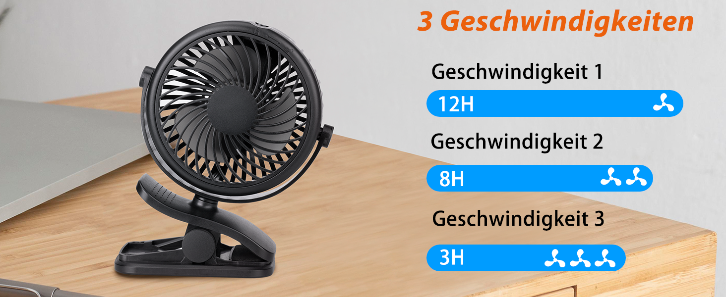Der Clip-Ventilator kann als Tischventilator verwendet werden und hat drei Windgeschwindigkeiten.
